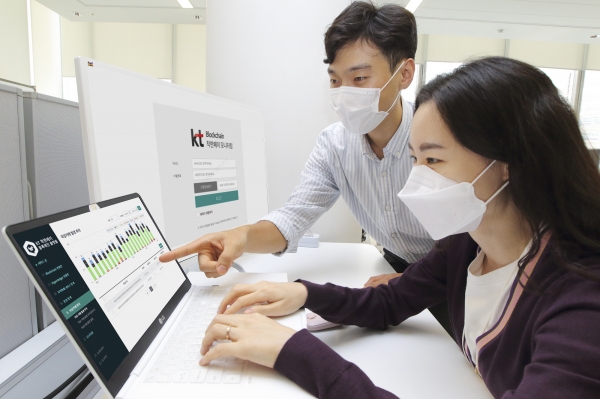 모델이 지역화폐 이상거래 탐지 시스템을 보고 있는 모습. (사진=KT)