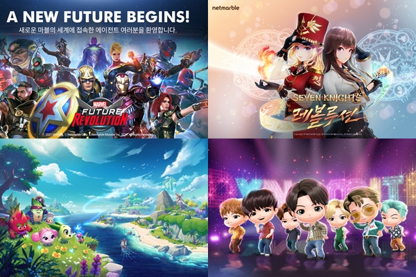 (왼쪽 위부터 시계방향)넷마블 '마블 퓨처 레볼루션', '세븐나이츠 레볼루션', 'BTS드림: 타이니탄 하우스', '머지 쿠야 아일랜드' (사진=넷마블)