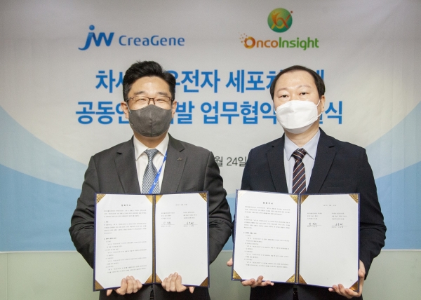 24일 서울 서초구 서초동 JW그룹 본사에서 박찬희 JW크레아젠 대표(왼쪽)가 나득채 온코인사이트 대표와 차세대 항암 면역 세포치료제 공동연구 협약을 체결한 뒤 기념촬영을 하고 있다. (사진=JW크레아젠)