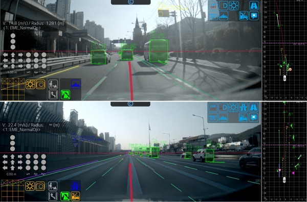 LG전자가 독일 자동차 제조그룹 '다임러 AG(Daimler Automotive Group)'와 공동 개발한 ADAS(첨단운전자지원시스템) 전방카메라를 메르세데스-벤츠 C클래스에 적용하며 본격적인 양산에 돌입했다. 메르세데스-벤츠 C클래스에 탑재된 ADAS 전방카메라가 자동차 전방에 있는 물체를 촬영해 분석하고 있다. (사진=LG전자)