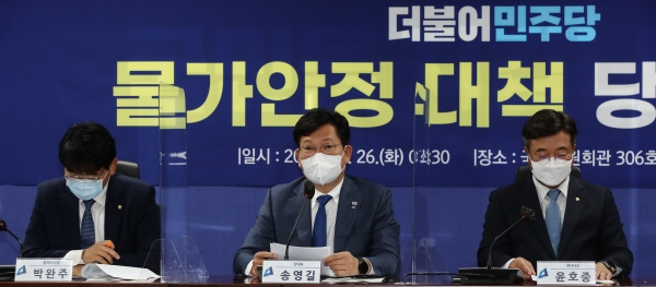 더불어민주당 송영길 대표가 26일 오전 서울 여의도 국회 의원회관에서 열린 '물가대책 관련 당정협의'에서 발언하고 있다. (사진=연합뉴스)