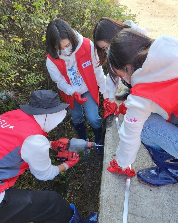 LG유플러스 임직원과 환경운동연합 자원봉사자가 농수로에 개구리 사다리를 설치하는 모습. (사진=LG유플러스)