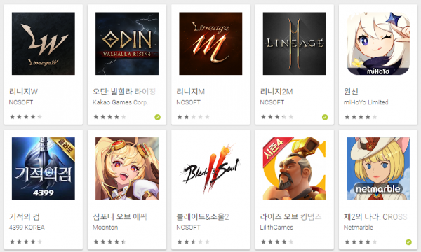 8일 구글플레이 게임 최고매출 순위. (사진=구글플레이 갈무리)