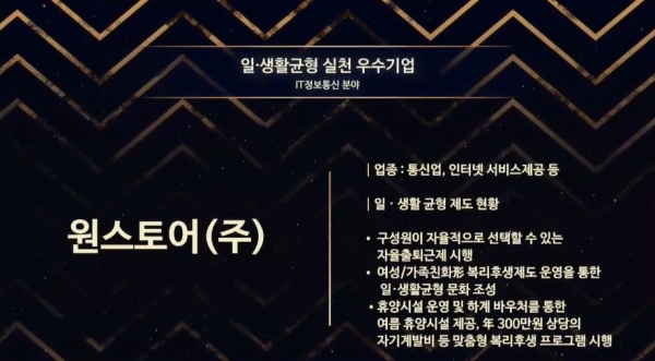 원스토어는 고용노동부에서 주관하는 '2021년 일·생활 균형 실천기업'에 선정됐다고 29일 밝혔다. (사진=원스토어)
