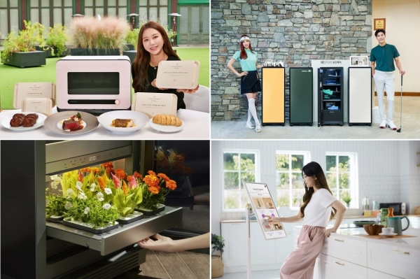 (사진 왼쪽부터 시계방향으로) 삼성전자 신개념 조리기기 '비스포크 큐커'와 신발관리기 '슈드레서', LG전자 이동식 스크린 '스탠바이미', 식물 생활가전 'LG 틔운' (사진=각 사)