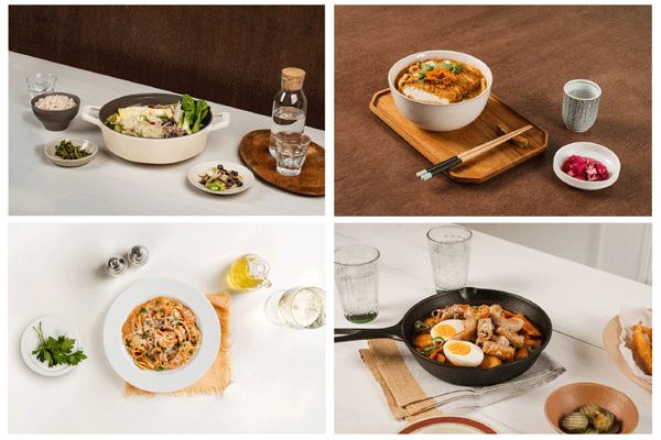 '쉐푸드 계절을 만나다' 냉동 밀키트 조리예. 왼쪽 위부터 시계방향으로 배추만두전골, 통돈까스 김치우동, 곱창 고구마 떡볶이, 게살 로제 파스타. (사진=롯데푸드) 