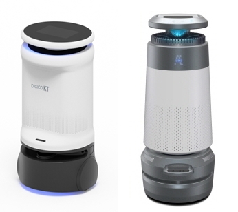 KT 중소형 AI방역로봇(왼쪽)과 대형 AI방역로봇. (사진=KT)