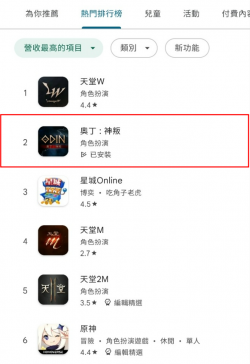 '오딘: 신반' 대만 구글 플레이 매출 순위 2위. (사진=카카오게임즈)