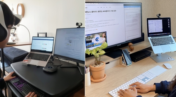 NHN 직원들이 회사에서 지원 받은 IT 장비를 활용해 재택근무하는 모습. (사진=NHN)