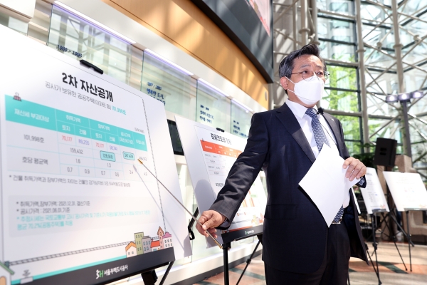 김헌동 서울주택도시공사 사장이 29일 서울 강남구 개포동 본사에서 공사가 보유한 아파트 자산 현황에 대해 설명하고 있다. (사진=연합뉴스)