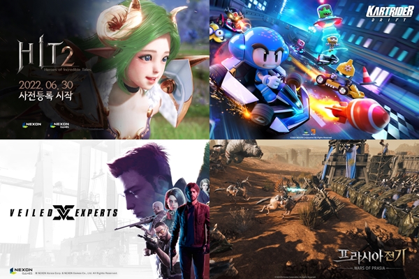 (왼쪽 위부터 시계방향)히트2, 카트라이더: 드리프트, 프라시아 전기, 베일드 엑스퍼트. (사진=넥슨)