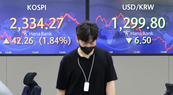 7일 오후 서울 중구 을지로 하나은행 본점 딜링룸 현황판에서 코스피, 원·달러 환율이 표시되고 있다. (사진= 연합뉴스)