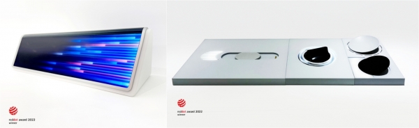 롯데케미칼이 레드닷 디자인 어워드에서 본상을 받은 메타버스 스킨(왼쪽)과 몰디드 인터커넥티드 디바이스 (사진=롯데케미칼)