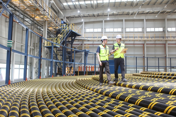 LS전선 직원들이 동해 사업장에서 선적 중인 해저 케이블을 점검하고 있다. (사진=LS전선)