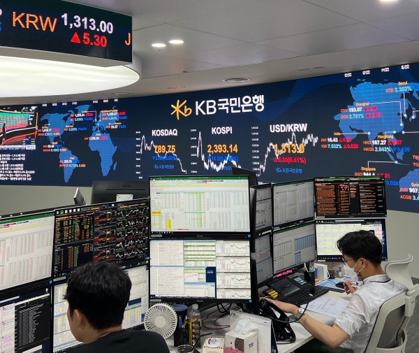 22일 오후 서울 여의도 KB국민은행 스마트딜링룸 전광판에 코스피, 원·달러 환율, 코스닥이 표시되고 있다. (사진= KB국민은행)