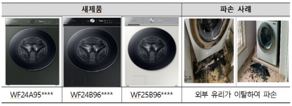 삼성전자의 일부 드럼세탁기의 유리문이 파손 된 모습. 무상점검이 들어가는 모델. (사진=한국소비자원)