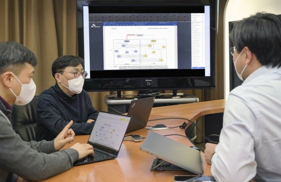 작년 12월 유럽전기통신표준화기구(ETSI) 표준화 회의에 참석한 SK텔레콤 연구원이 화상회의를 하고 있다. (사진=SKT)