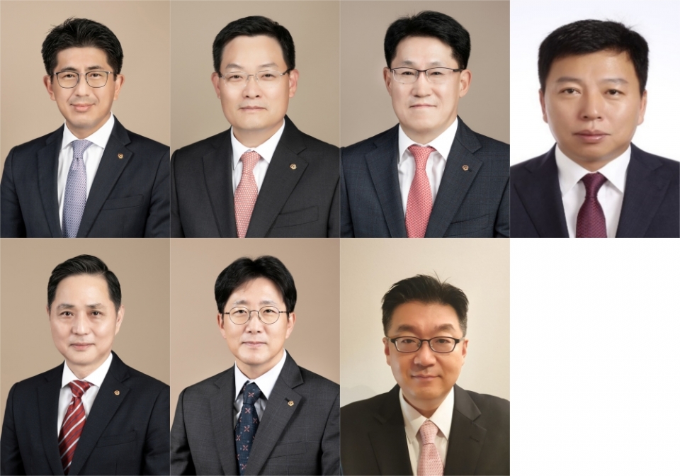 (위 왼쪽부터)김승모 한화건설 신임 대표이사, 손재일 한화에어로스페이스 각자 대표이사, 유두형 ㈜한화/모멘텀 및 한화정밀기계 신임 대표이사, 김인환 한화솔루션/첨단소재부문 신임 대표이사, (아래 왼쪽부터) 손영창 한화H2Energy 대표이사, 양기원 ㈜한화/글로벌부문 대표이사, 정상철 한화솔루션/Q에너지 대표이사 (사진=한화커뮤니케이션위원회)