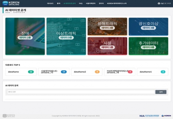 KOREN의 데이터레이크 포털 사이트에서 운영 데이터를 확인 및 다운로드 할 수 있는 AI데이터샛 화면. (사진=KT)