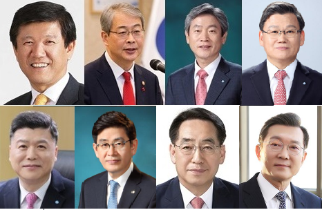 조준희 전 YTN 사장(왼쪽부터), 임종룡 전 금융위원장, 박화재 우리금융지주 사업지원총괄 사장, 이원덕 우리은행장, 권광석 전 우리은행장, 정원재 전 우리카드 사장, 황록 전 신용보증기금 이사장,&nbsp;박영빈 건설공제조합 이사장. (사진=서울파이낸스DB)