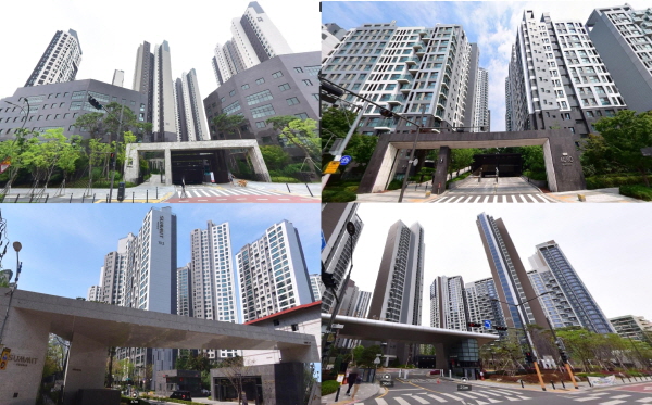 (왼쪽위부터 시계방향으로) 현대건설의 디에이치 아너힐즈, DL이앤씨의 아크로 리버파크, 롯데건설의 반포르엘, 대우건설의 서초 푸르지오 써밋 등 하이엔드 브랜드 아파트의 모습이다. (사진=네이버지도)