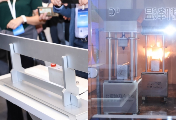 LFP 블레이드 배터리(왼쪽)과 NCM 삼원계 배터리가 폭발하는 모습 (사진=BYD)