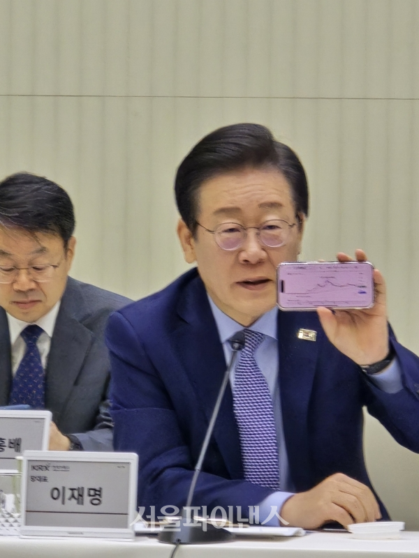 이재명 더불어민주당 당대표는 삼부토건 주가 그래프를 보여주고 있다. (사진=이서영 기자)