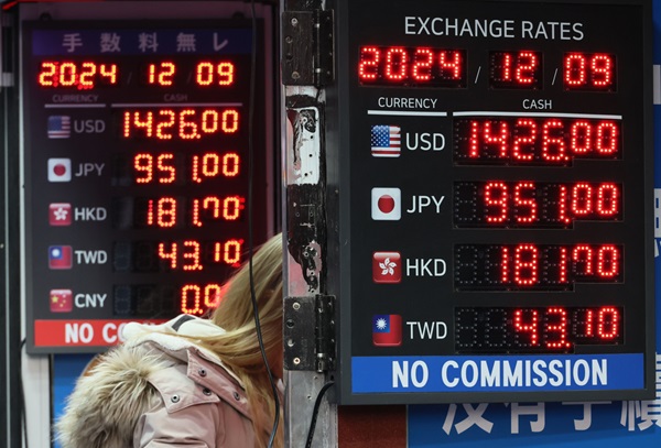 9일 서울 중구 명동거리 환전소에 원·달러 환율 등이 표시돼 있다. (사진=연합뉴스)
