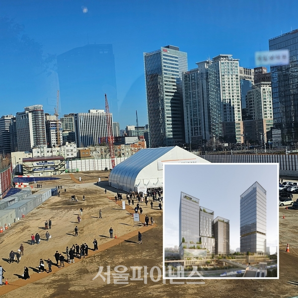서울역 북부역세권 개발사업부지와 들어설 건축물 예상도. (사진=박소다 기자, 한화 건설부문)