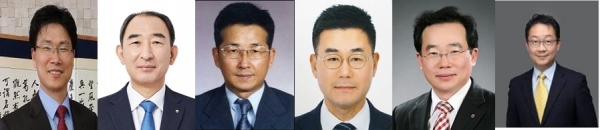(왼쪽부터) 강태영 농협은행장 후보, 박병희 농협생명 대표 후보, 송춘수 농협손해보험 대표 후보, 장종환 농협캐피탈 사장, 김장섭 NH저축은행 대표, 김현진 NH벤처투자 대표 (사진=농협금융지주)