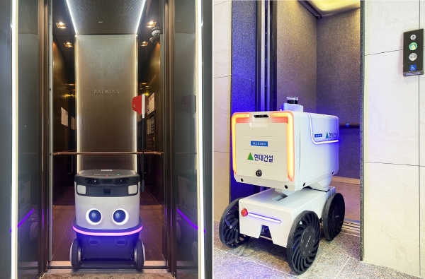 (왼쪽부터) 삼성물산 '서초구 래미안 리더스원'에서 배달중인 '뉴비', 현대건설 '모빈' 자율주행 로봇배송 이미지 (사진=각 사)