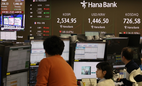 31일 오전 서울 중구 하나은행 본점 딜링룸 현황판에 코스피 지수가 표시되고 있다. 이날 코스피는 2530대에서 약세 출발했다. (사진=연합뉴스)