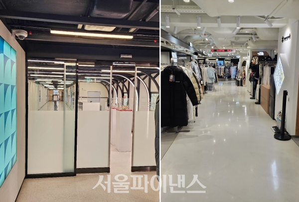 (왼쪽) 지하철 역에서 가장 가까운 신라면세점 본점의 입구 출입문.  외부에서 봤을 때 면세점인지 알기 어려웠다. (오른쪽) 면세점 내부. (사진=박소다 기자)