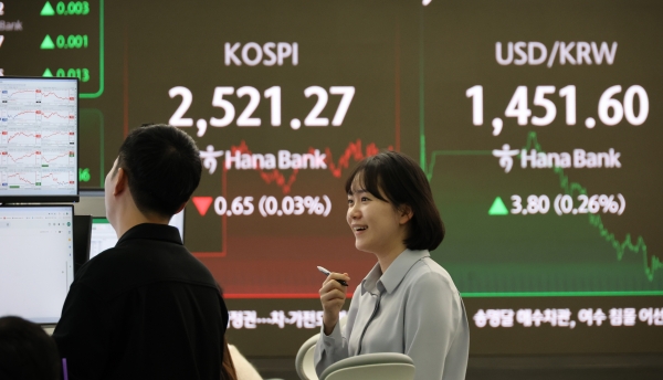 10일 오후 서울 중구 하나은행 본점 딜링룸 화면에 코스피와 코스닥 지수. 원/달러 환율이 표시돼 있다. (사진=연합뉴스)