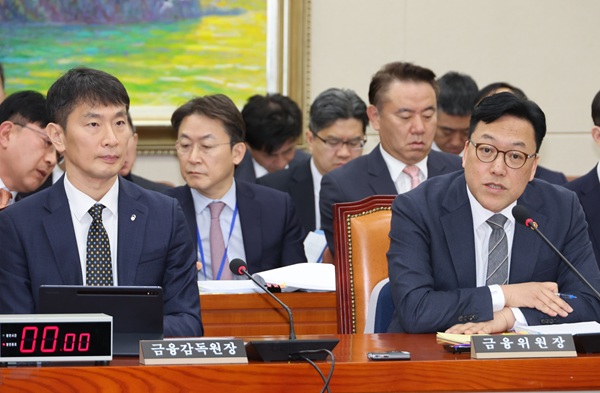 김병환 금융위원장(오른쪽)과 이복현 금융감독원(왼쪽)이 18일 국회 정무위원회 전체회의에 참석해 의원 질의에 답하고 있다. (사진=연합뉴스)