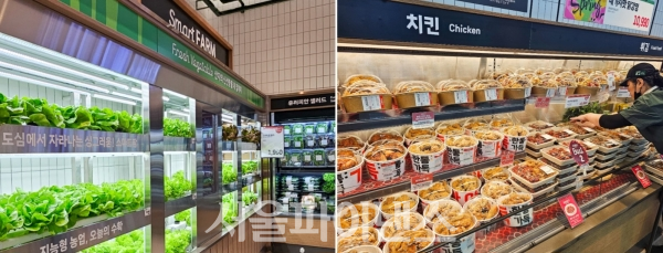 롯데마트 그랑그로서리 은평점은 비식품을 과감히 줄이고, 식료품 비중을 90%로 늘렸다. 바로 먹을 수 있는 1인용 상품들이 가장 눈길을 끌었다. (사진=박소다 기자)