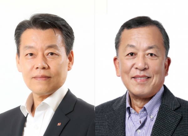 LX하우시스 대표이사로 선임된 노진서 사장(왼쪽)과 한주우 부사장 (사진=LX하우시스)