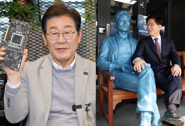 14일 서울 강남구 퓨리오사AI에서 이재명 더불어민주당 전 대표가 퓨리오사AI NPU칩을 들어보이고 있다(왼쪽). 지난 10일 서울 종로구 전태일기념관에서 김문수 전 고용노동부 장관이 설치된 전태일 동상 옆에 앉아 있다. (사진=연합뉴스/공동취재)