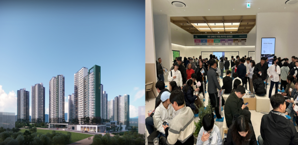 '동탄 포레파크 자연&푸르지오' 투시도와 견본주택 방문객들 모습 (사진=대우건설)