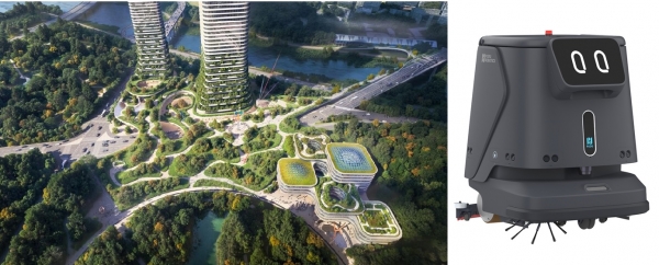 (왼쪽부터) 삼표그룹 성수동 '삼표레미콘 부지' 개발사업 조감도, 유진그룹 계열사 티엑스알로보틱스의 상업용 청소로봇 SLEEK T7 (사진=각 사)