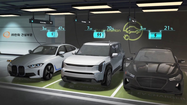 전기차량이 천장형 전기차 충전시스템 EV air station을 이용해 충전을 하고 있다. (사진=㈜한화 건설부문)