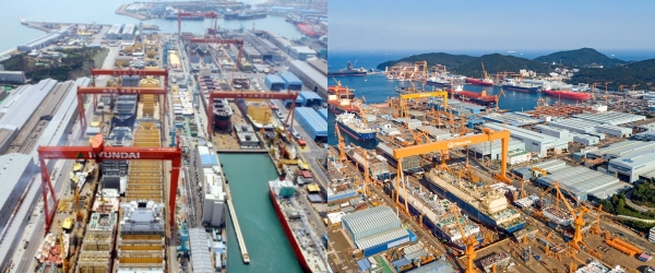 HD현대 울산 조선소(왼쪽)와 한화오션 거제 사업장(오른쪽) (사진=HD현대, 한화오션)