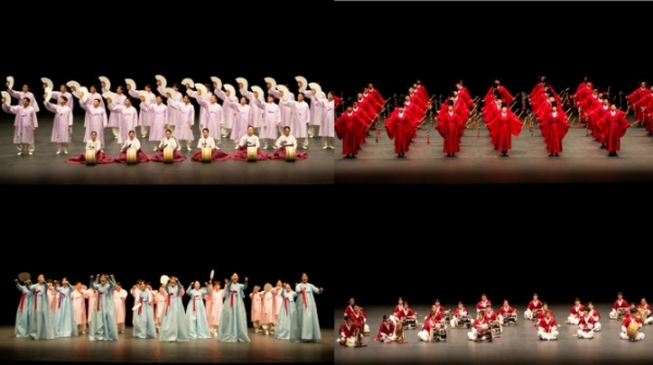 크라운해태 한음회에서 임직원 국악동아리가 무대를 펼치고있다. 좌측 왼쪽 위부터 시계방향으로 판소리(판판세), 팔일무(팔풍의 몸짓), 사물놀이(꿈을굽는 사물놀이), 민요(민요한번들어볼래요)팀 (사진=크라운해태)