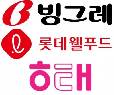 각 사의 CI. 기사의 롯데제과와 롯데푸드는 현재 합병해 롯데웰푸드가 됐다.