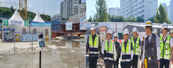 건설 현장  체온측정기 및 무더위 쉼터 설치 사진 (사진=LH), 정경구 HDC현산 대표이사(앞줄 왼쪽 두번째), 조태제 HDC현산 CSO(세번째) 등 경영진 현장 점검 시행 (사진=HDC현대산업개발)