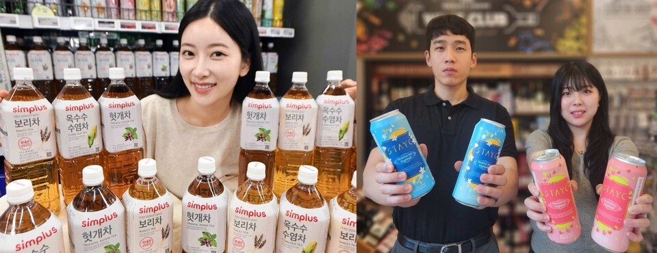 홈플러스의 1.5L 대용량 '가성비 차음료' 3종과 이마트24가 선보이는 스테이씨 협업 하이볼 2종. (사진=각 사)