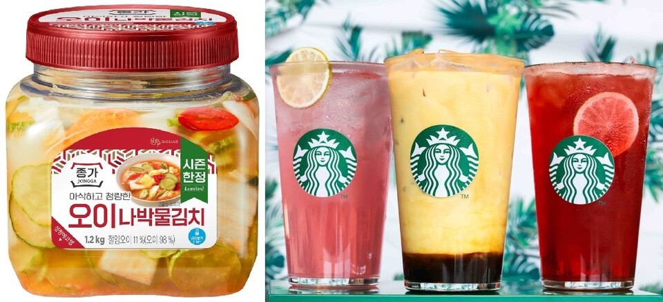 종가 '오이나박물김치'와 스타벅스가 재출시하는 △프렌치 바닐라 라떼 △피치 딸기 피지오 △체리&자두 에너지 피지오. (사진=각 사)