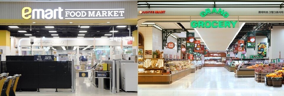 (왼쪽부터) 이마트 푸드마켓과 롯데마트 그랑그로서리. (사진=각 사)