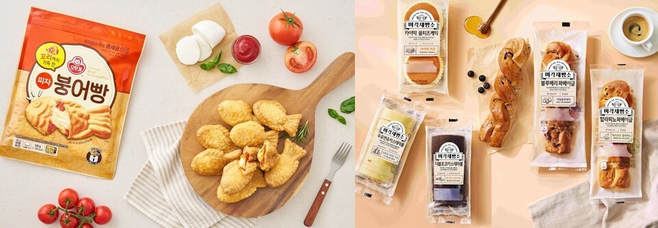 오뚜기 '꼬리까지 가득 찬 피자붕어빵'과 SPC삼립 '미각제빵소' 신제품 5종. (사진=각 사)