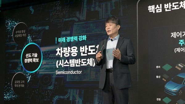 이규석 현대모비스 사장이 27일 여의도 페어몬트 호텔에서 열린 2025 CEO 인베스터 데이 발표자로 나서 미래 성장 전략과 구체적인 실행 계획을 발표하고 있다. (사진=현대모비스)